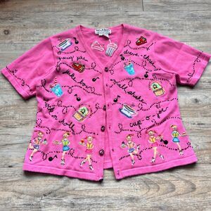 Vintage Jack B Quick Cardigan Large Pink Beaded Embroidered Diner Sweater